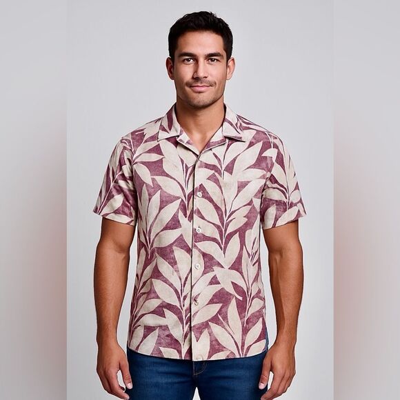 Express Men’s Hawaiian Linen Shirt Medium Wine Tropical White Maroon - Picture 1 of 7